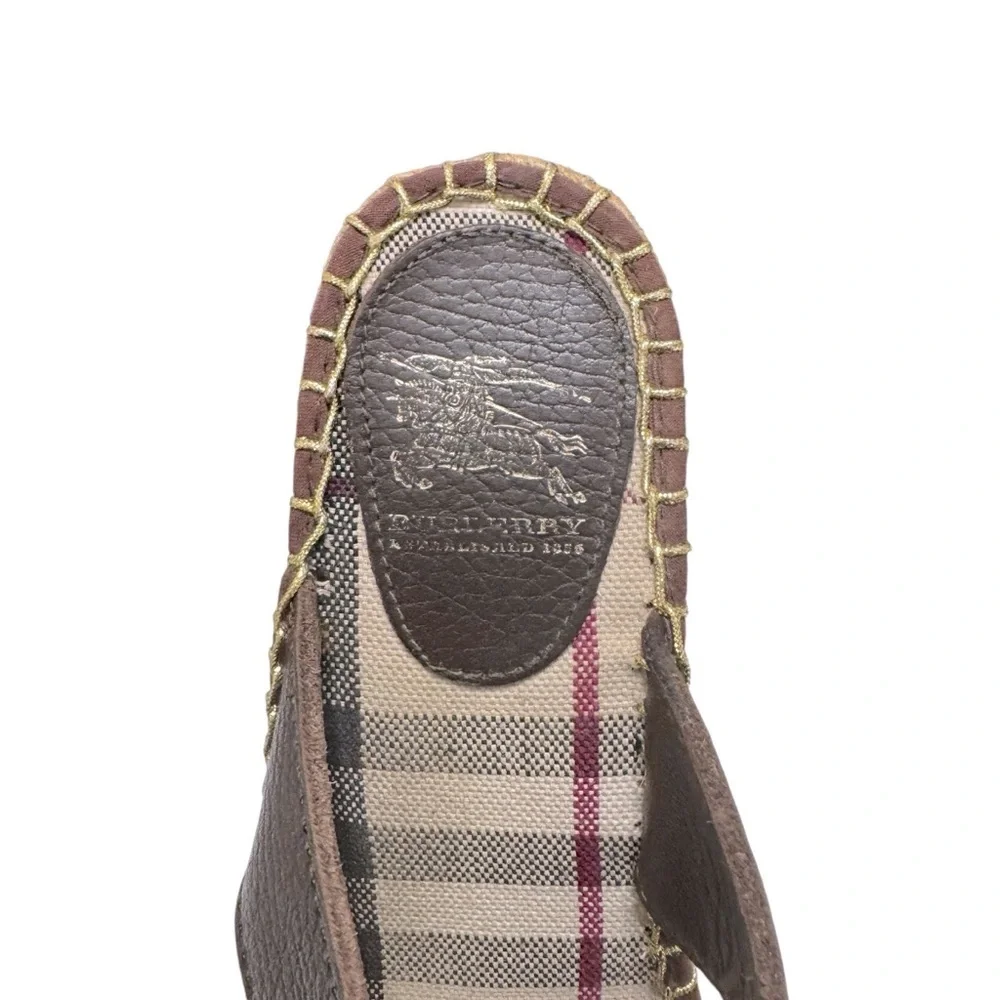 Burberry Nova Check‎ Brown Leather Espadrille Wedge Slides Sandals